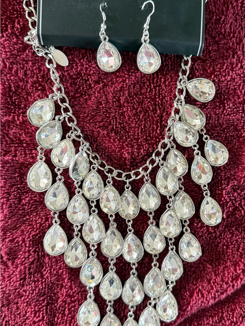 paparazzi Silver Clear Teardrop Bib Necklace with Matching Earrings